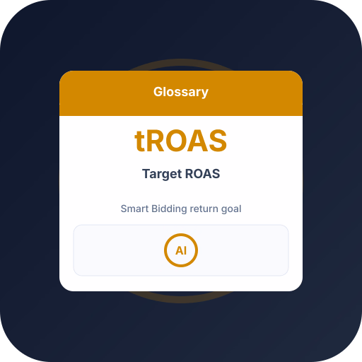 Target ROAS (tROAS) — Smart Bidding Guide Target ROAS (tROAS) — Smart Bidding Guide — ecommerce advertising glossary definition by Profit Bid